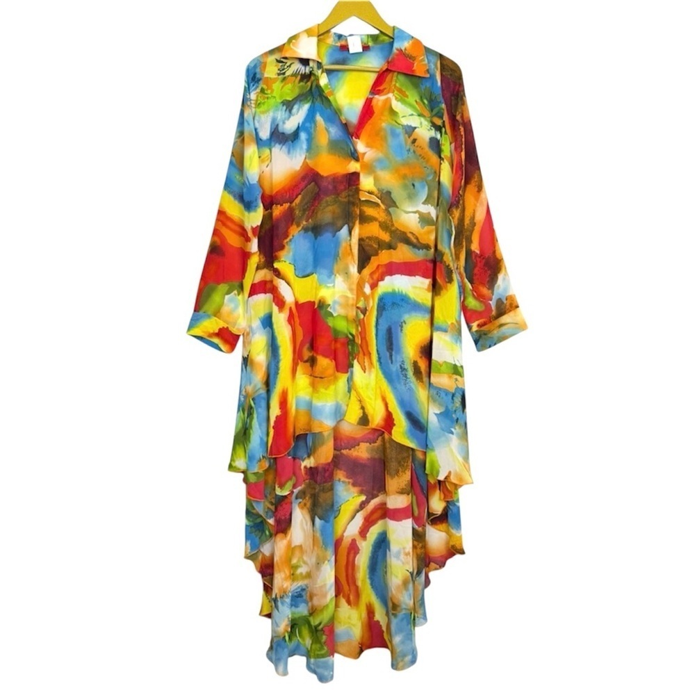 Vintage 90s Button Up Tunic Top Size M Multicolor Artsy Groovy Hippie Hanky Hem